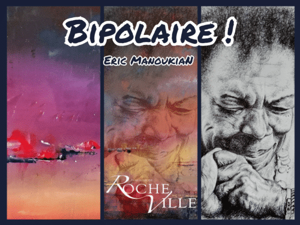 Peinture d'un ciel au couteau et dessin au stylo bille sur papier journal par Eric Manoukian, exposition Bipolaire